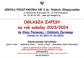 Ogłaszamy zapisy na rok szkolny 2023/2024